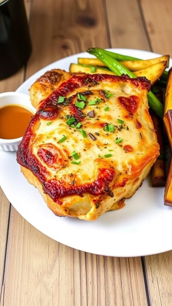 Air Fryer Pork Loin Chops Recipe Air fryer pork loin chop garnished with herbs, served with roasted vegetables on a rustic table.